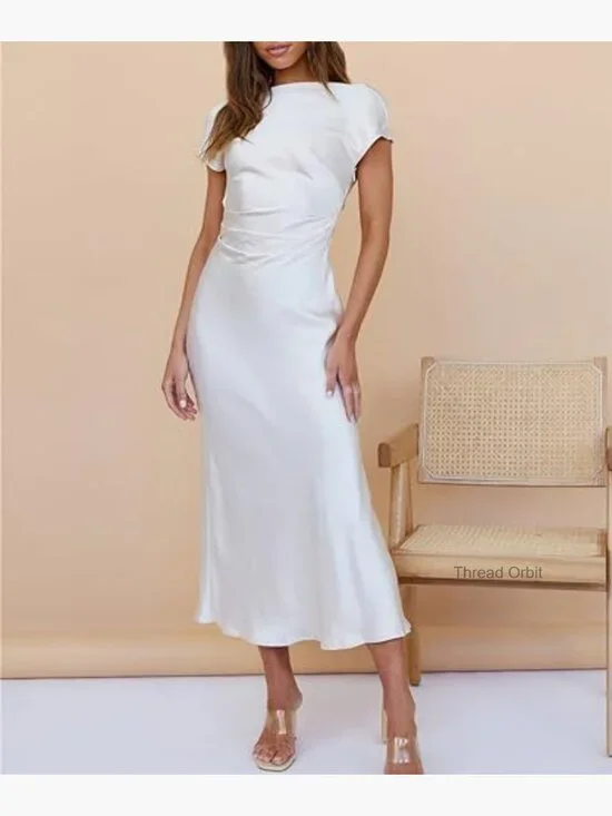 Satin Midi Dress with Cap Sleeves Ruched Waist Cowl Back Formal - Picture 4 of 7